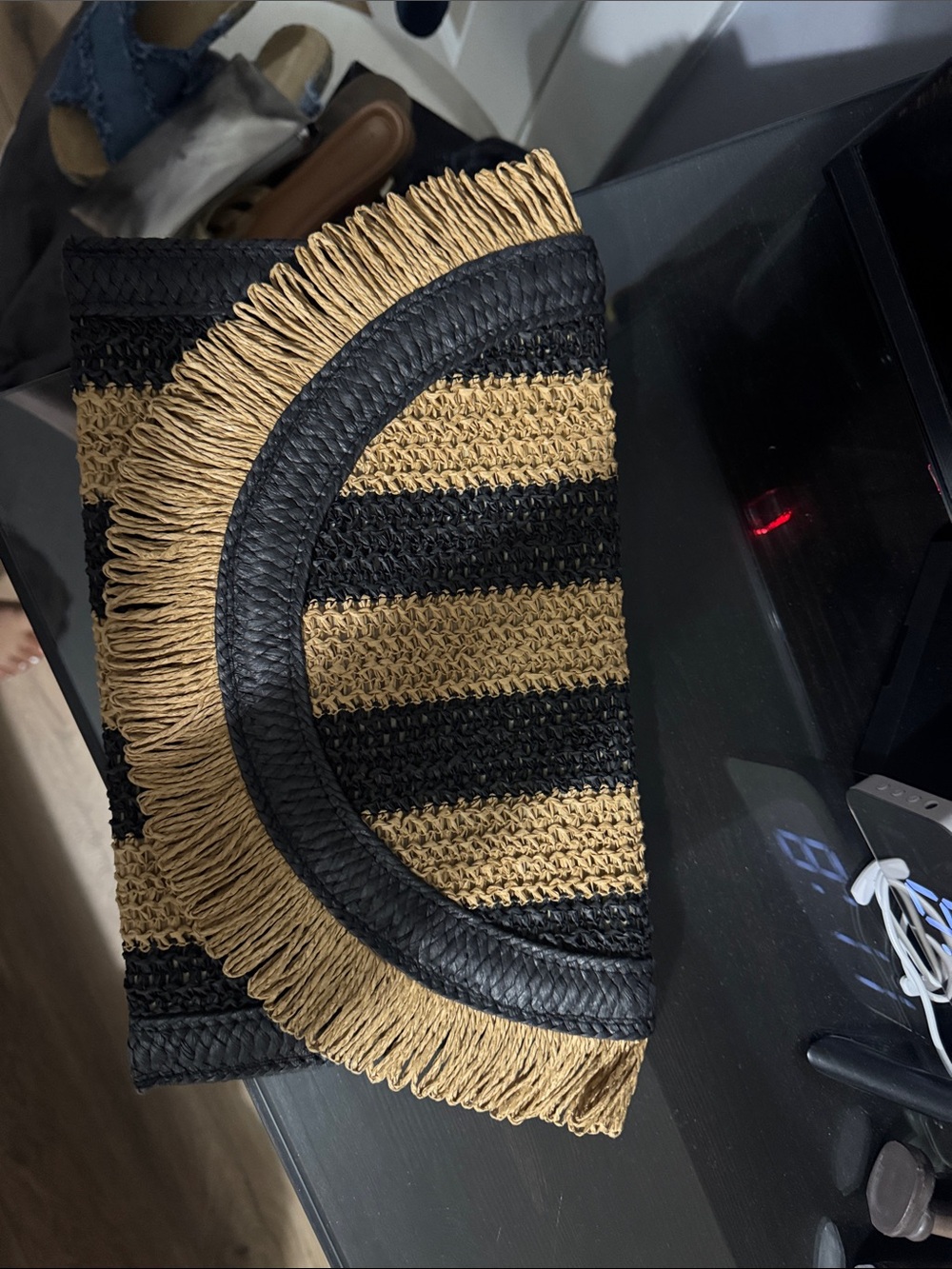 Woven Fringe Straw Clutch - Black & Tan